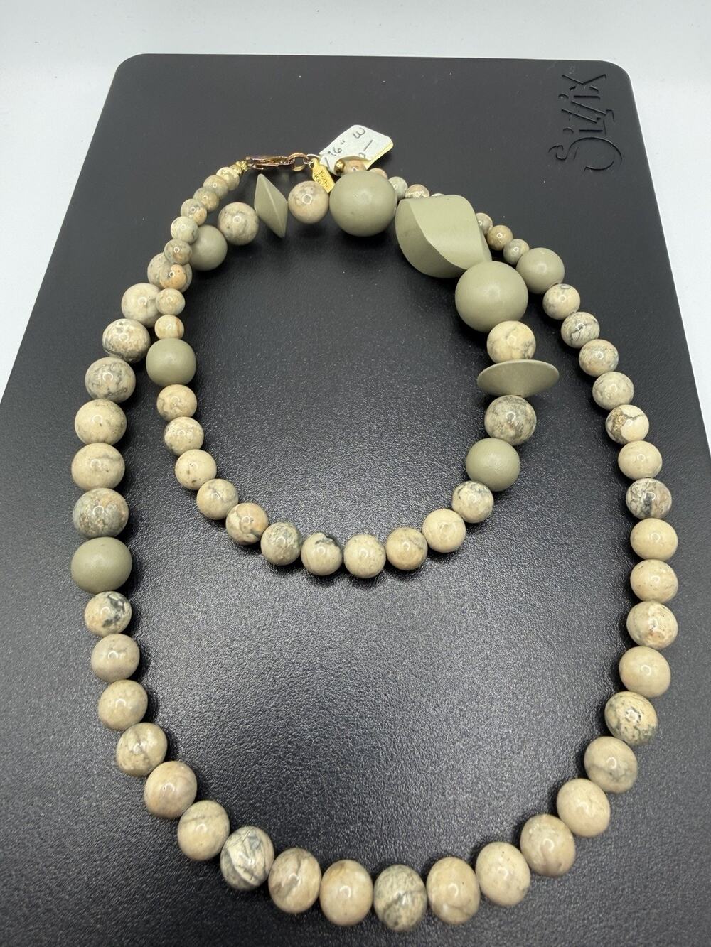 Karla Jordan Riverstone Wood Beaded Necklace Olive Green Beige Statement 26"
